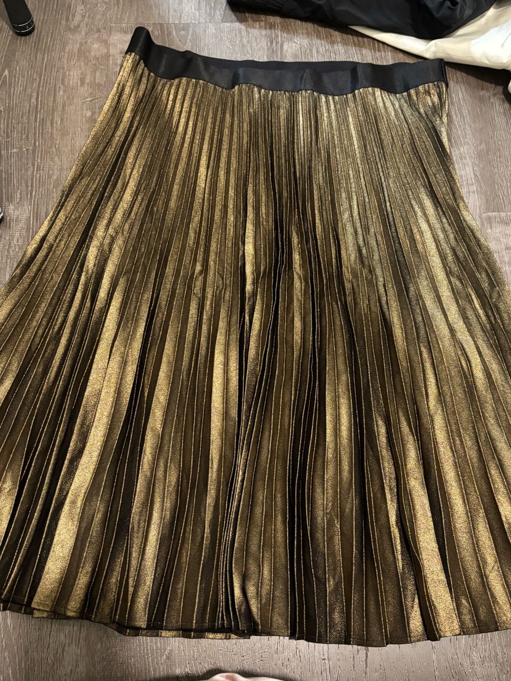 Express Metallic Gold Pleated Skirt with Black Waistband